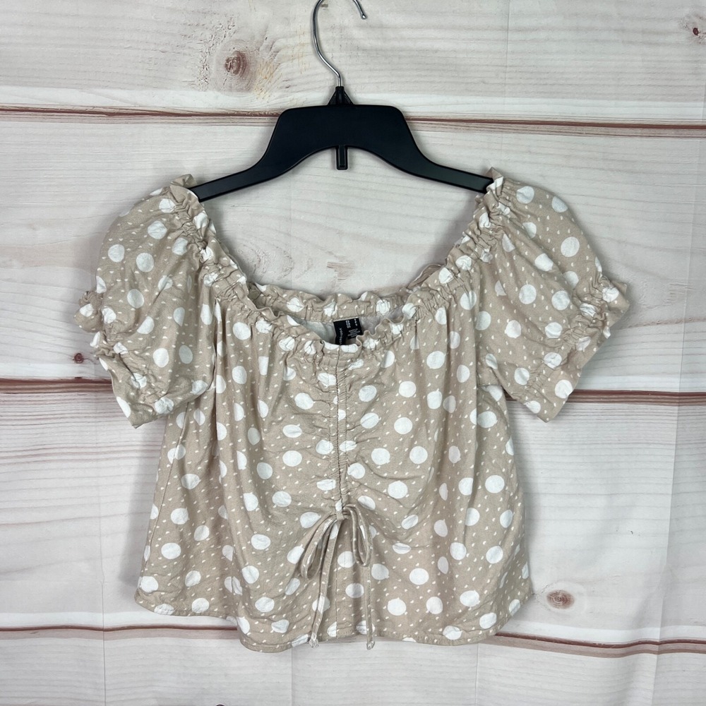 Vero Moda Top Womens S Beige Polka Dot Blouse Crop Off The Shoulder Linen Blend